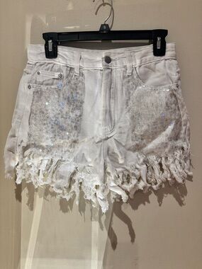POL White Sequin Fringe Denim Shorts